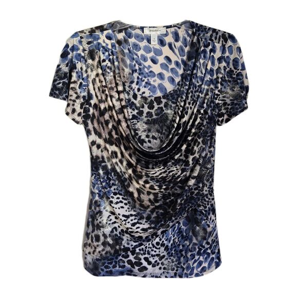 Dressbarn Tops - Dress Barn Abstract Animal Print Blue Gold Short Sleeve Cowl Neck | Small